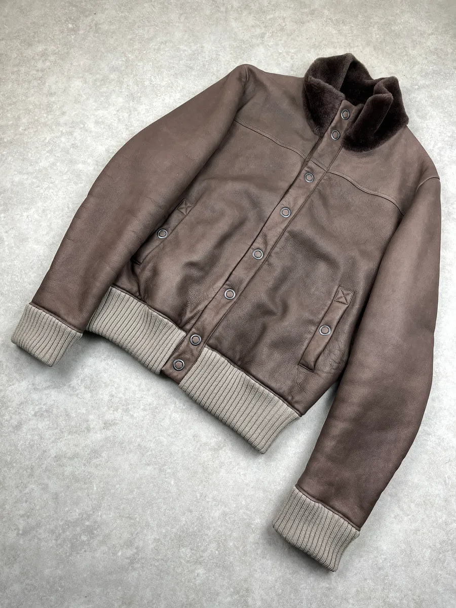 Bottega Veneta Taupe Brown Leather Shearling Lined Bomber Jacket mkcCnbwb 5