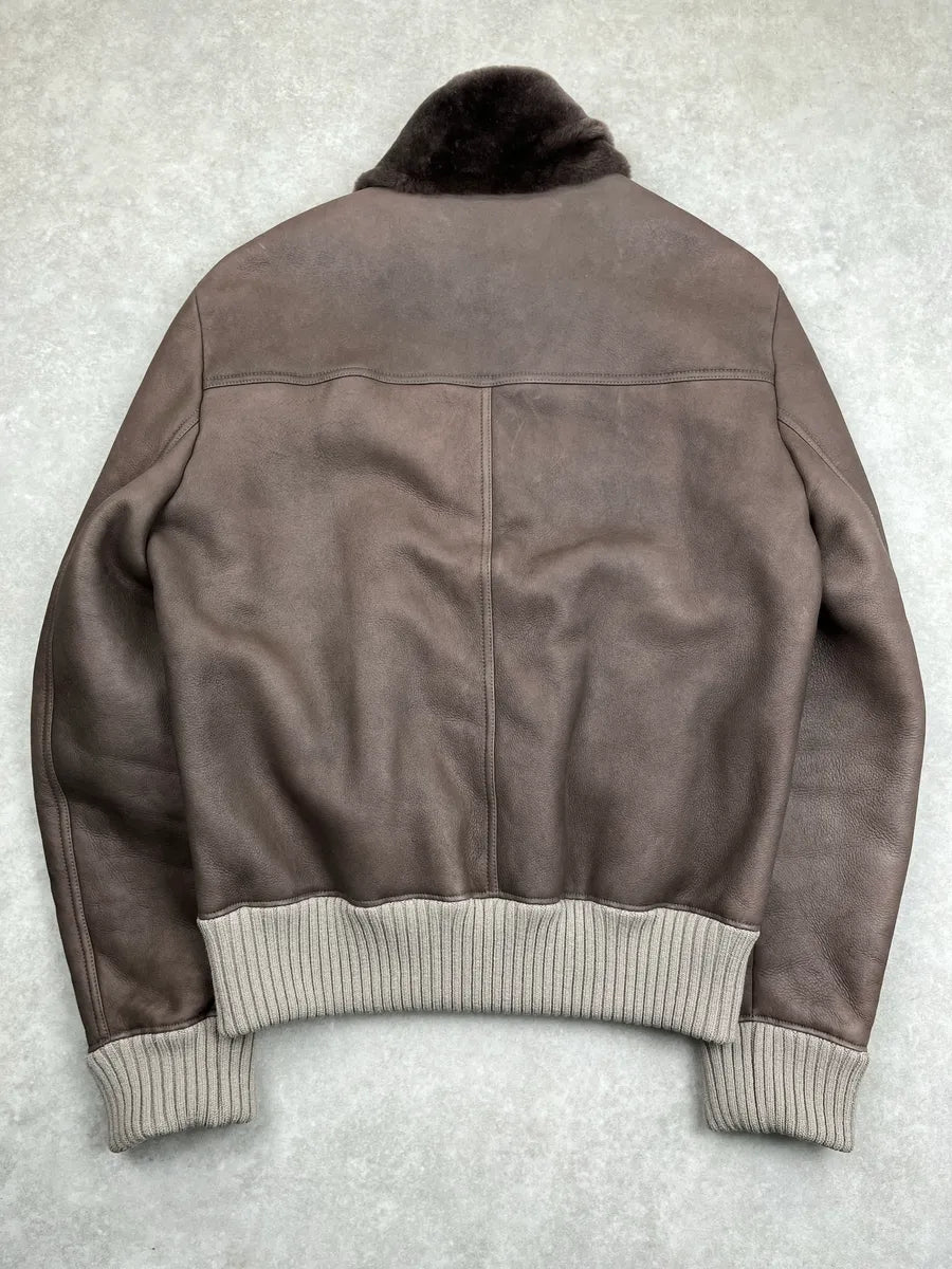 Bottega Veneta Taupe Brown Leather Shearling Lined Bomber Jacket mkcCnbwb 4