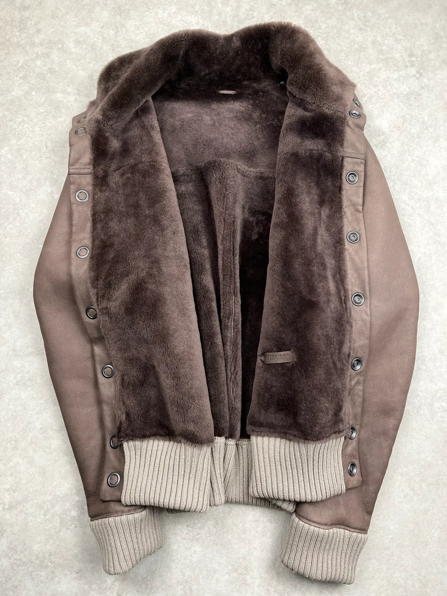 Bottega Veneta Taupe Brown Leather Shearling Lined Bomber Jacket mkcCnbwb 3
