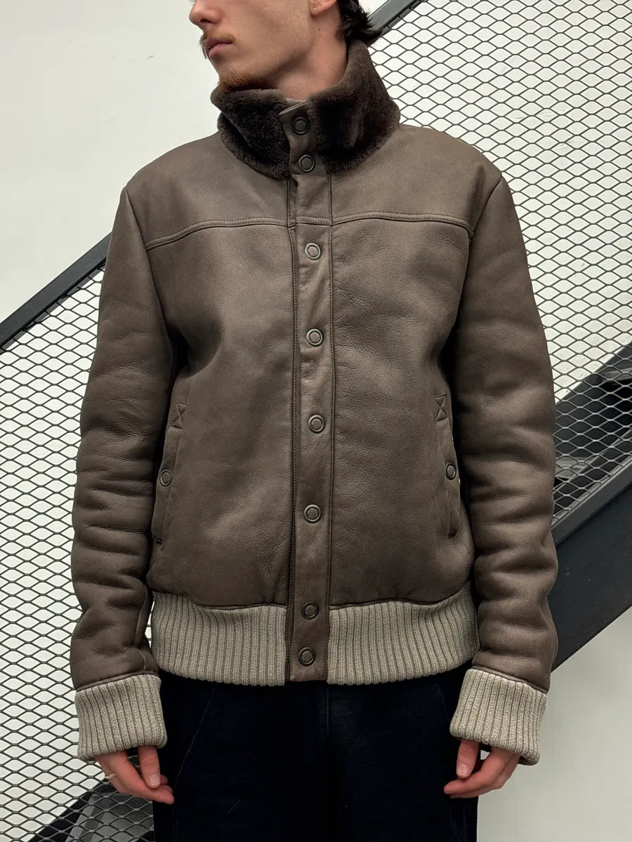 Bottega Veneta Taupe Brown Leather Shearling Lined Bomber Jacket mkcCnbwb 1