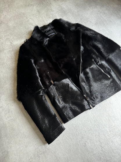 AW2012 Emporio Armani Black Baby Calf Skin Fur Asymmetrical Jacket (M) - 9