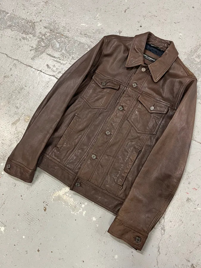 2000s Dolce & Gabbana Brown Leather Trucker Jacket bmzrBWr 3