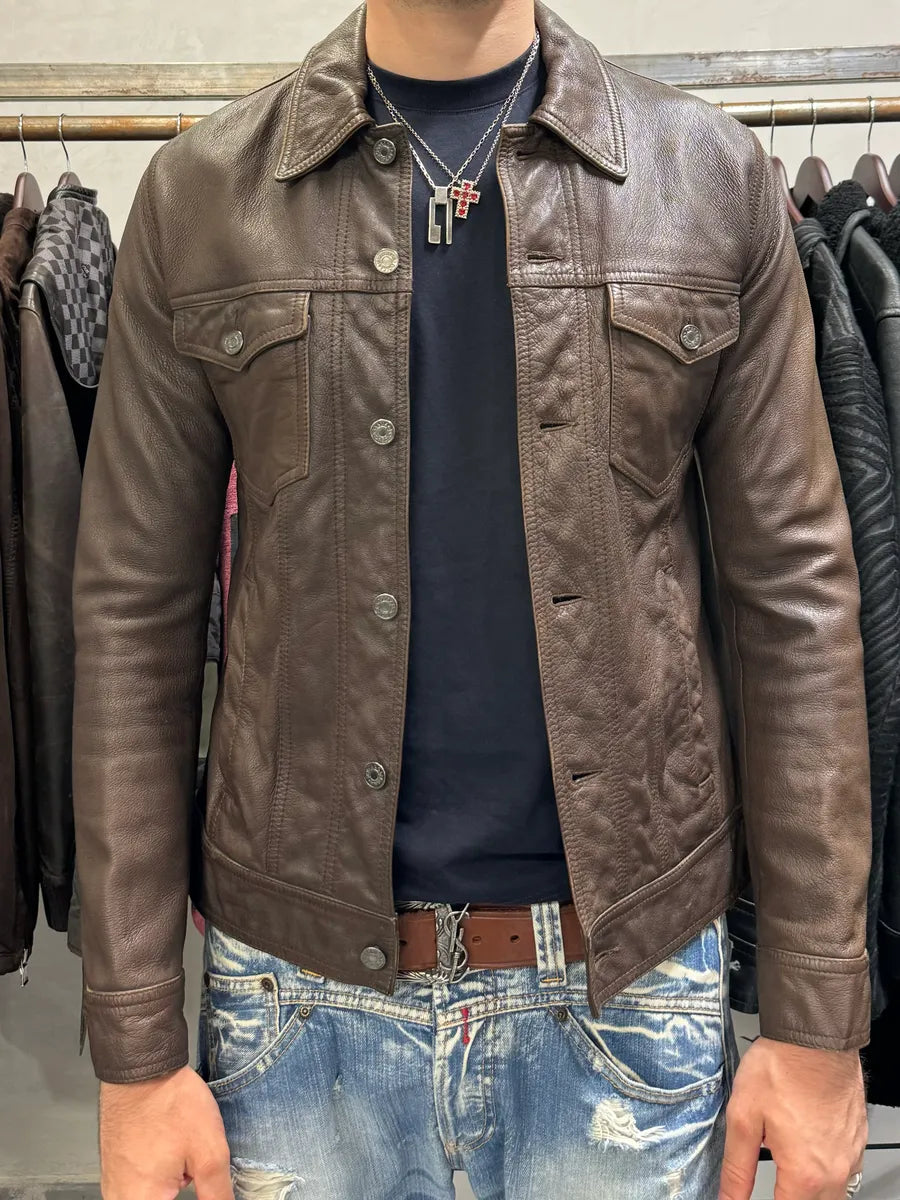 2000s Dolce & Gabbana Brown Leather Trucker Jacket bmzrBWr 1