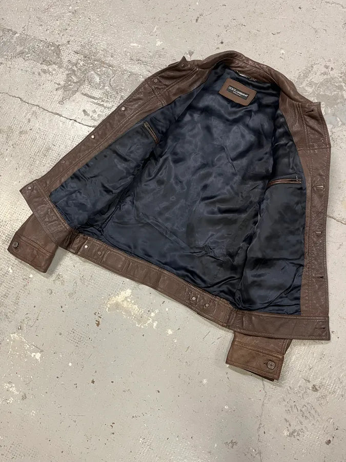 2000s Dolce & Gabbana Brown Leather Trucker Jacket bmzrBWr 4