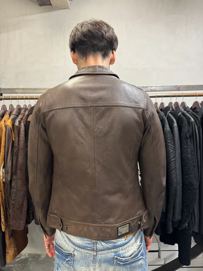 2000s Dolce & Gabbana Brown Leather Trucker Jacket bmzrBWr 2