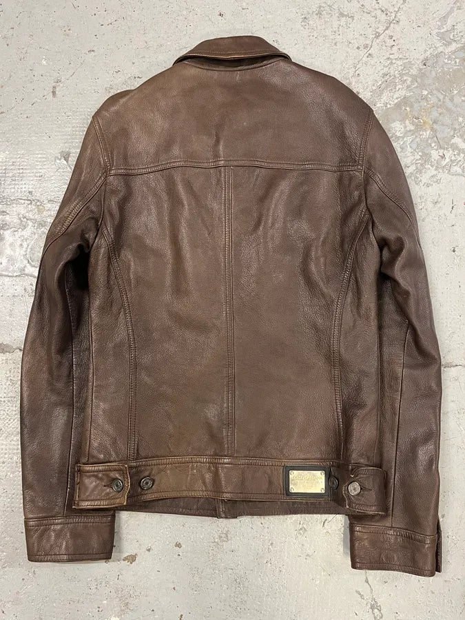 2000s Dolce & Gabbana Brown Leather Trucker Jacket bmzrBWr 6