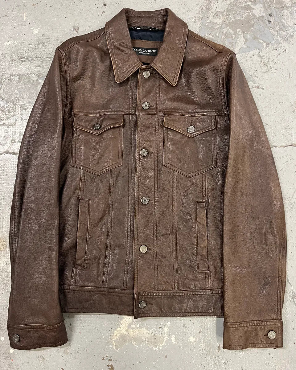 2000s Dolce & Gabbana Brown Leather Trucker Jacket bmzrBWr 0