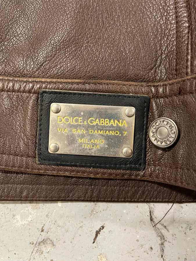 2000s Dolce & Gabbana Brown Leather Trucker Jacket bmzrBWr 7