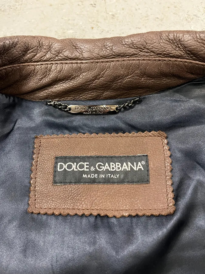 2000s Dolce & Gabbana Brown Leather Trucker Jacket bmzrBWr 8