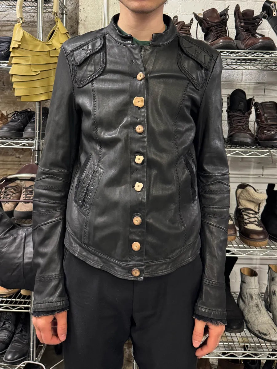 2000s Marithé + François Girbaud Black Leather Buttoned Samurai Jacket (S) muCmhdi 1