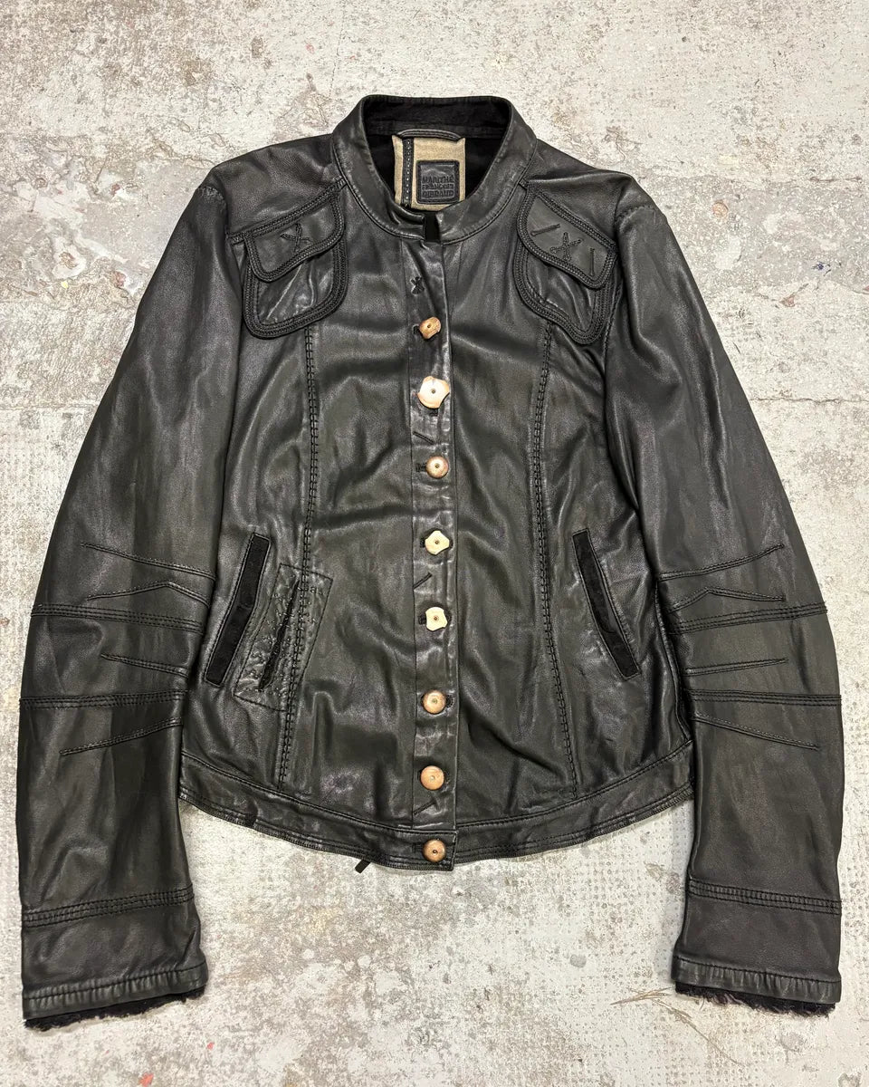 2000s Marithé + François Girbaud Black Leather Buttoned Samurai Jacket (S) muCmhdi 0