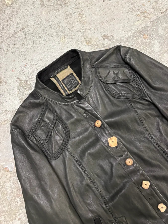 2000s Marithé + François Girbaud Black Leather Buttoned Samurai Jacket (S) muCmhdi 6