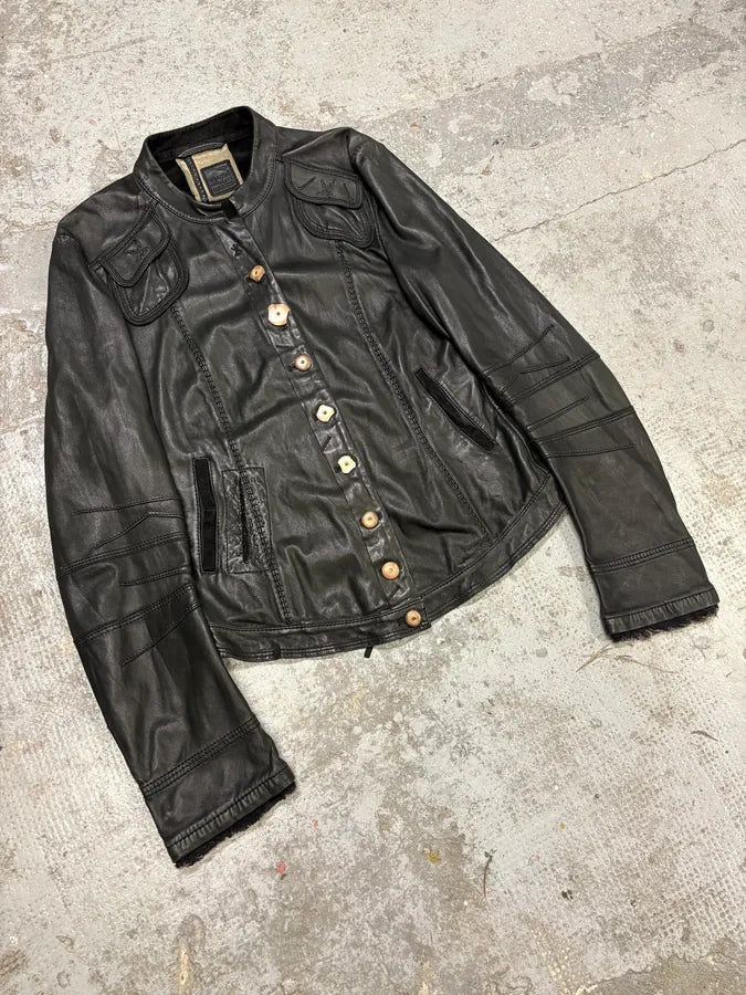 2000s Marithé + François Girbaud Black Leather Buttoned Samurai Jacket (S) muCmhdi 4