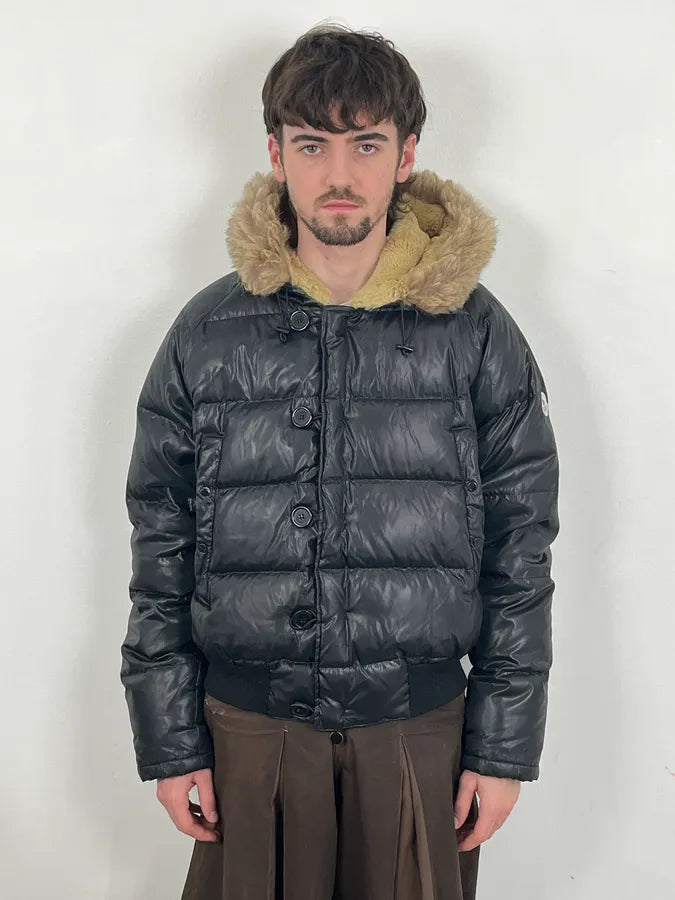 Moncler Fur Hooded Black Puffer Bomber Jacket UtdMLrR 1
