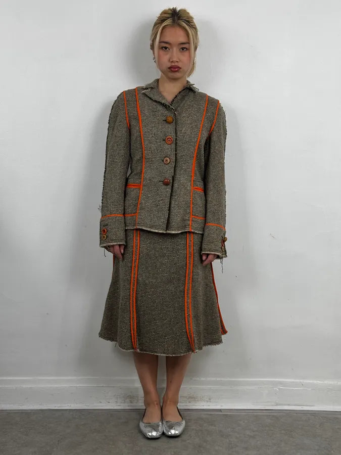 Moschino Beige Wool & Contrast Orange Trim Skirt & Blazer Set bPHzhvM 0