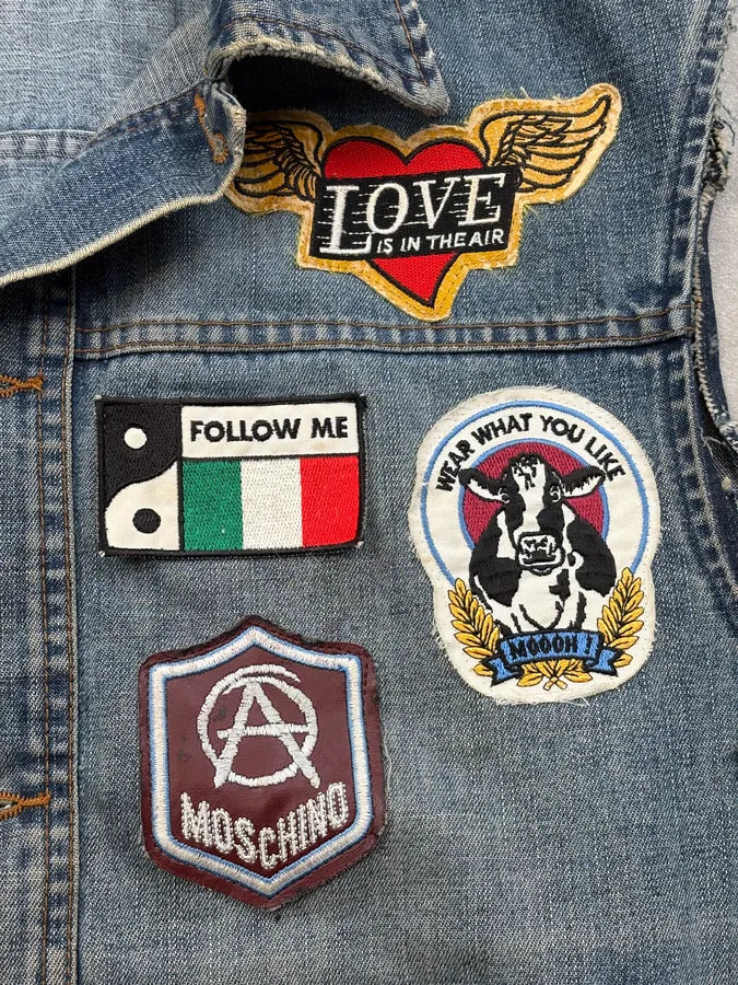 AW1993 Moschino Biker Patches Denim Vest AiKiRpW 7
