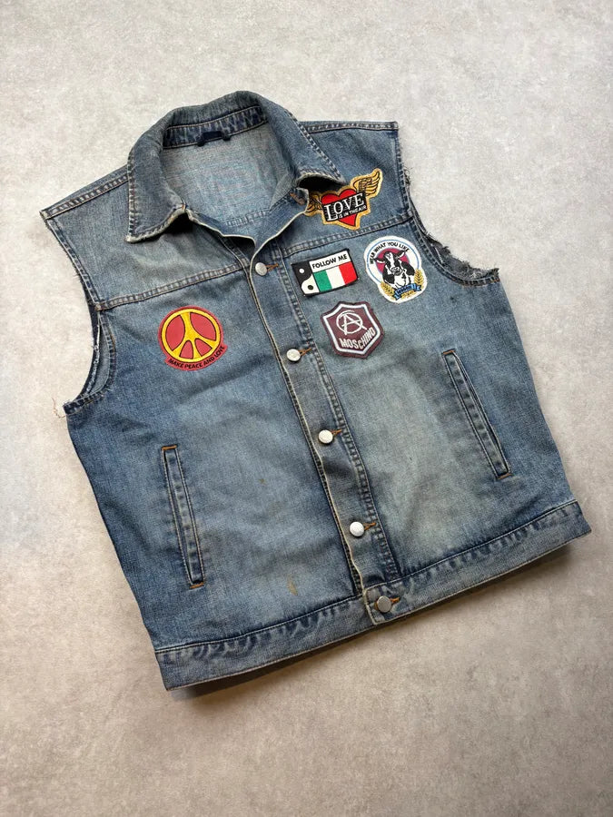 AW1993 Moschino Biker Patches Denim Vest AiKiRpW 3