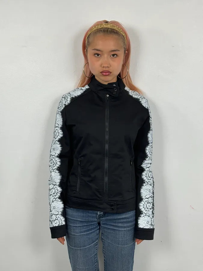 2010s Moschino Black & White Lace Light Zip-Up Jacket cKUwykt 1