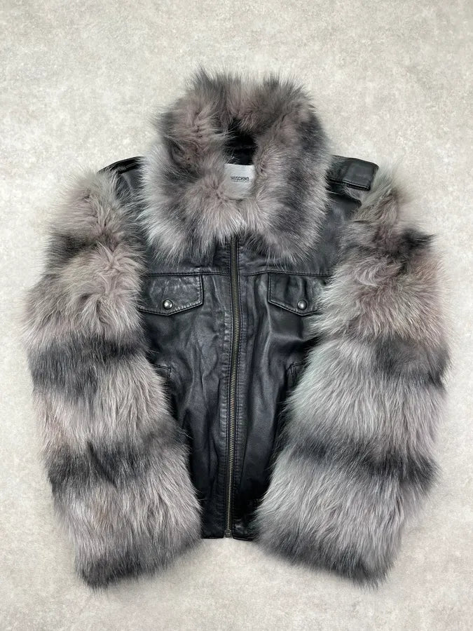 Moschino Black Leather Faux Fur Bomber Jacket GyBiinU 0