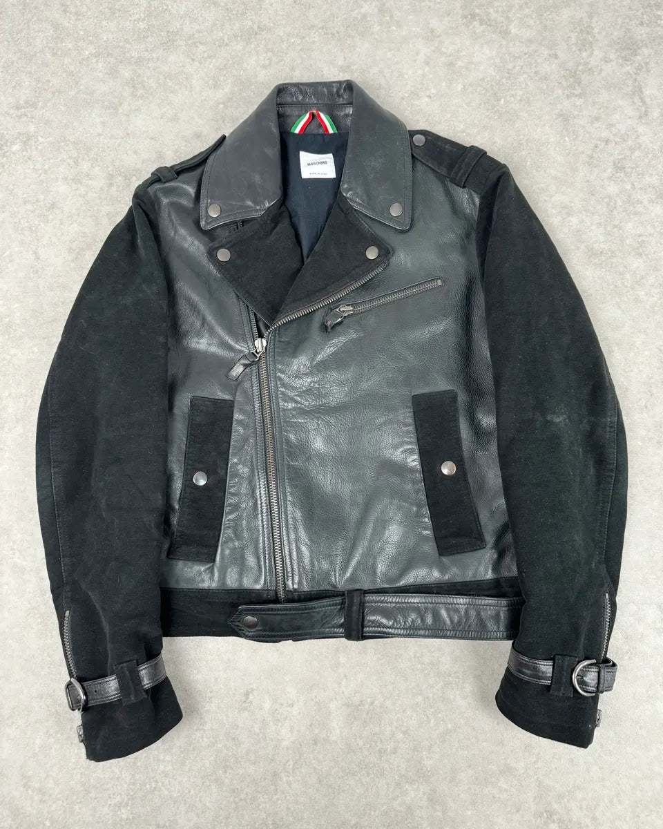 2010s Moschino Black Hybrid Leather Perfecto Jacket MzmzHRk 0