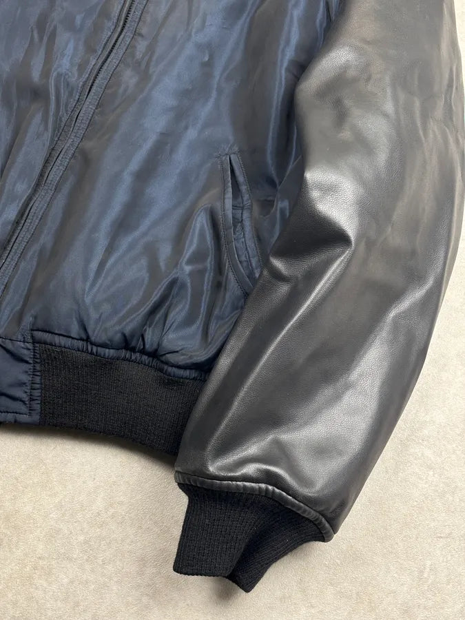 1990s Moschino Black Nylon Faux Leather Contrast Bomber Jacket tfLdsxP 4