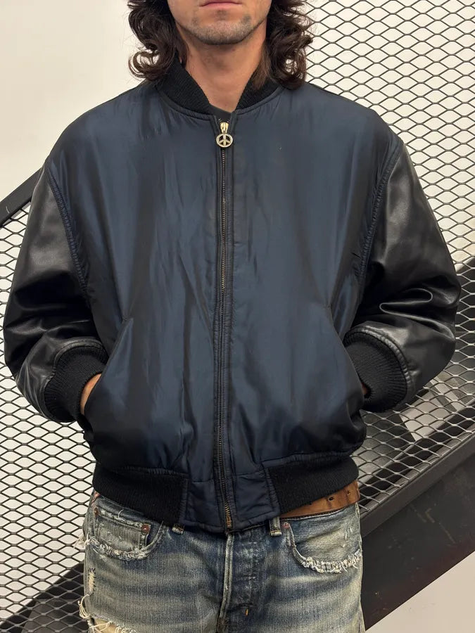 1990s Moschino Black Nylon Faux Leather Contrast Bomber Jacket tfLdsxP 1