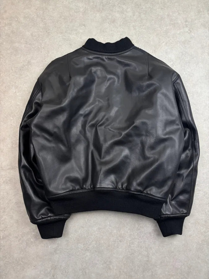 1990s Moschino Black Nylon Faux Leather Contrast Bomber Jacket tfLdsxP 5