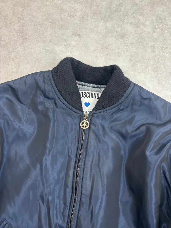 1990s Moschino Black Nylon Faux Leather Contrast Bomber Jacket tfLdsxP 3