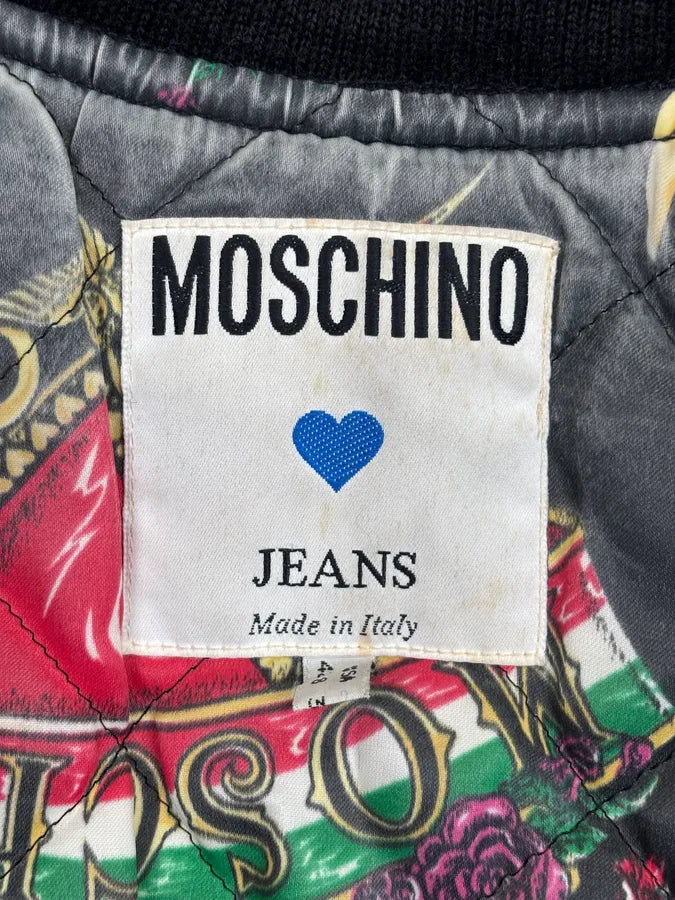 1990s Moschino Black Nylon Faux Leather Contrast Bomber Jacket tfLdsxP 11