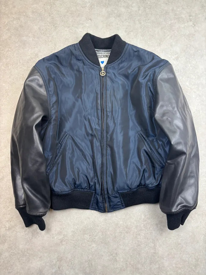 1990s Moschino Black Nylon Faux Leather Contrast Bomber Jacket tfLdsxP 0