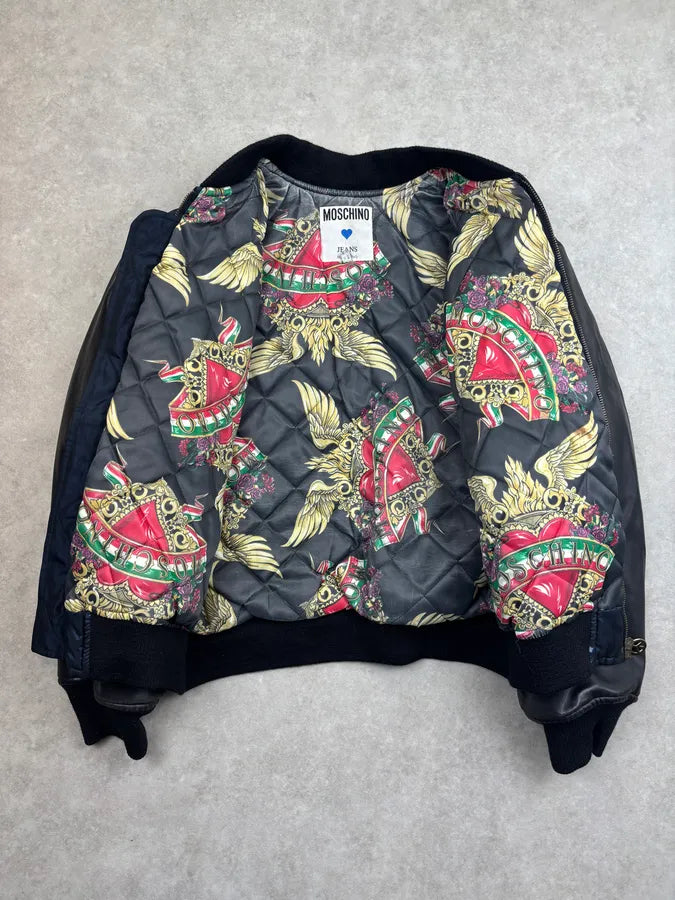 1990s Moschino Black Nylon Faux Leather Contrast Bomber Jacket tfLdsxP 10