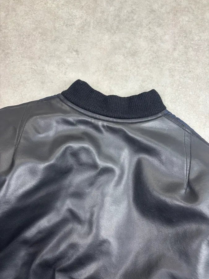 1990s Moschino Black Nylon Faux Leather Contrast Bomber Jacket tfLdsxP 6