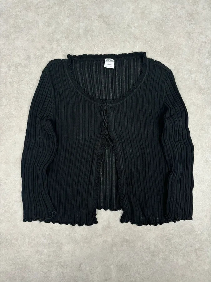 Moschino Black Ribbed Knit Cardigan Sweater njVwRyP 2