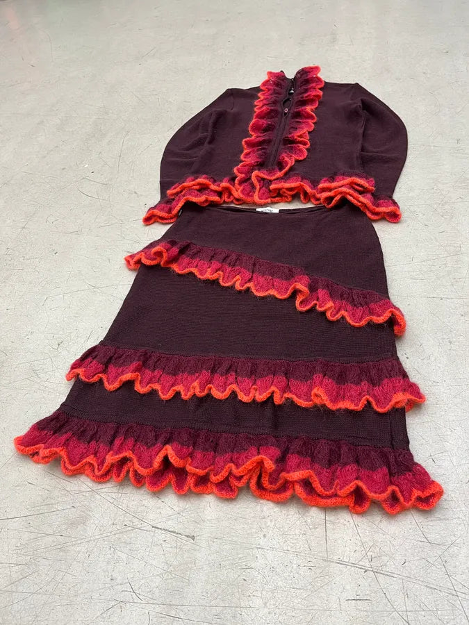 Moschino Bordeaux Wool Ruffled Cardigan & Skirt Set pqweTjj 3