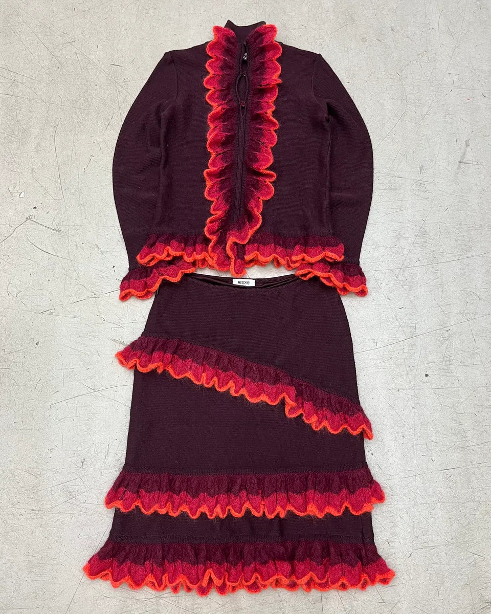 Moschino Bordeaux Wool Ruffled Cardigan & Skirt Set pqweTjj 0