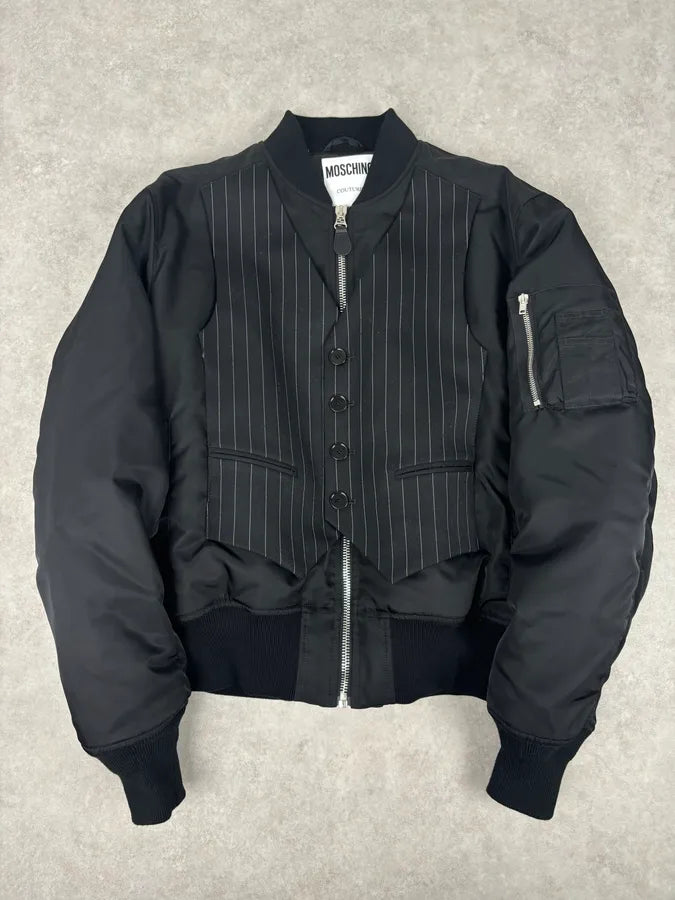 AW2018 Moschino Black Nylon Pinstriped Vest Bomber Jacket YALSnCz 0