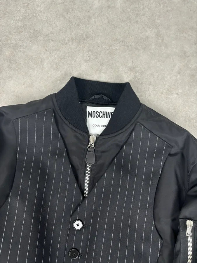 AW2018 Moschino Black Nylon Pinstriped Vest Bomber Jacket YALSnCz 4