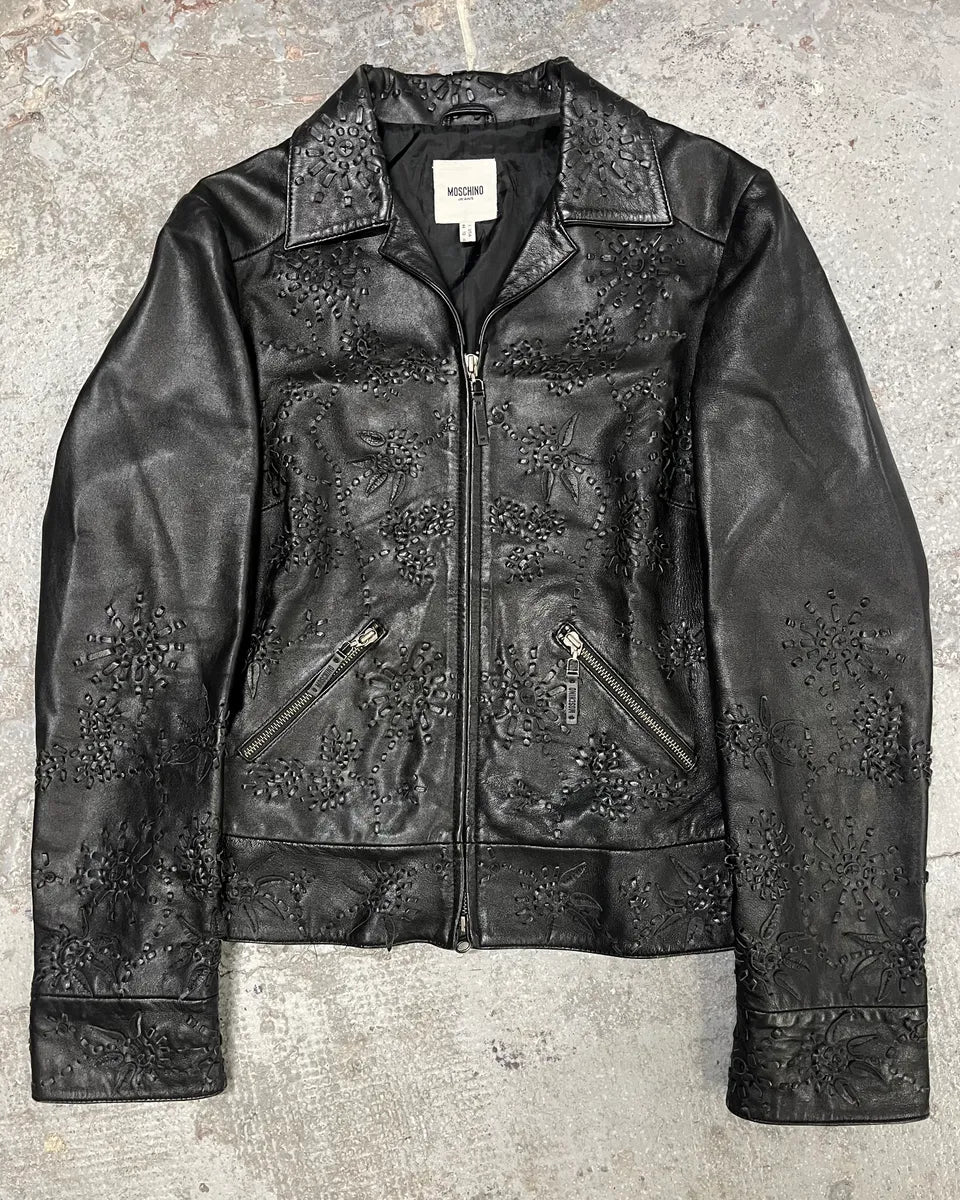 Moschino Embossed Flower Ornament Black Leather Jacket (S) gXRVrOS 0
