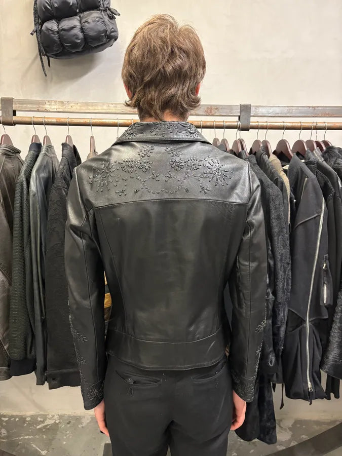 Moschino Embossed Flower Ornament Black Leather Jacket (S) gXRVrOS 2