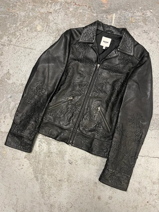 Moschino Embossed Flower Ornament Black Leather Jacket (S) gXRVrOS 3