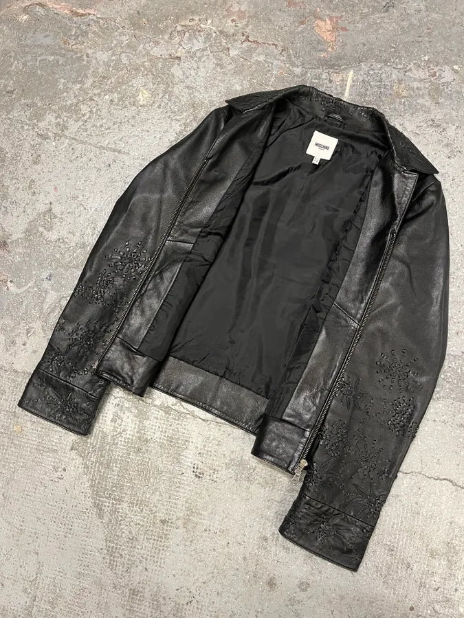 Moschino Embossed Flower Ornament Black Leather Jacket (S) gXRVrOS 4