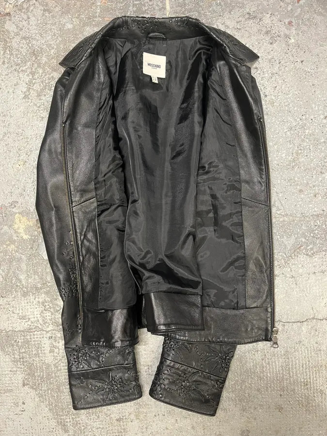 Moschino Embossed Flower Ornament Black Leather Jacket (S) gXRVrOS 5