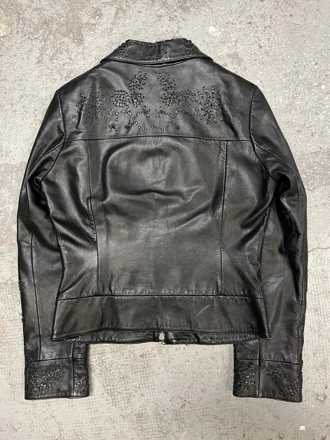 Moschino Embossed Flower Ornament Black Leather Jacket (S) gXRVrOS 6