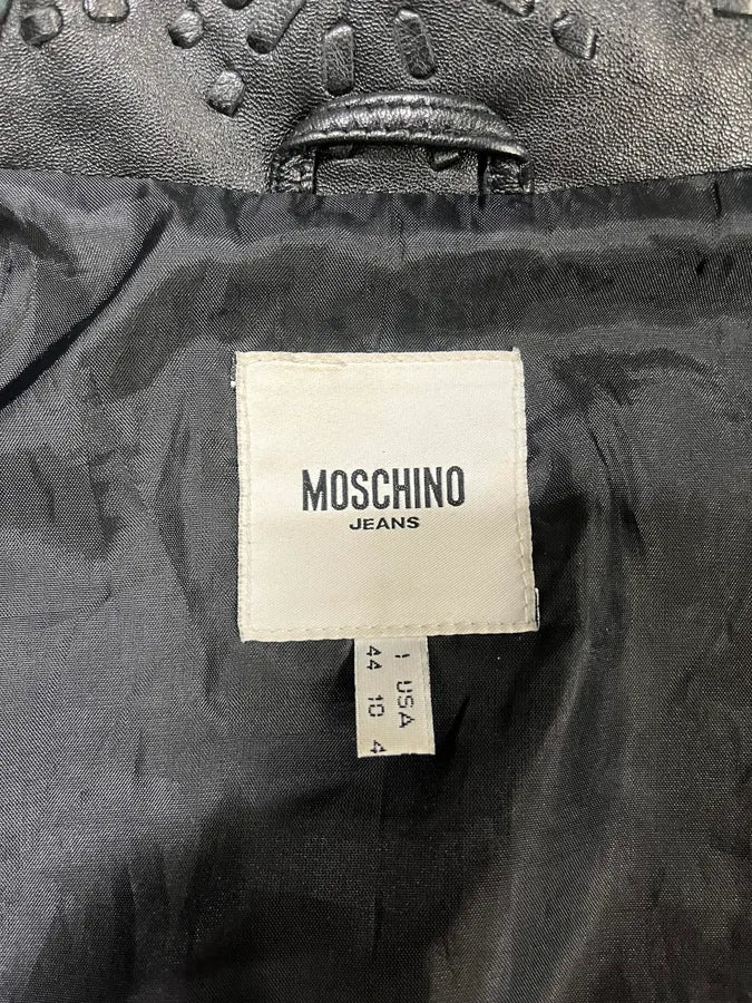 Moschino Embossed Flower Ornament Black Leather Jacket (S) gXRVrOS 7