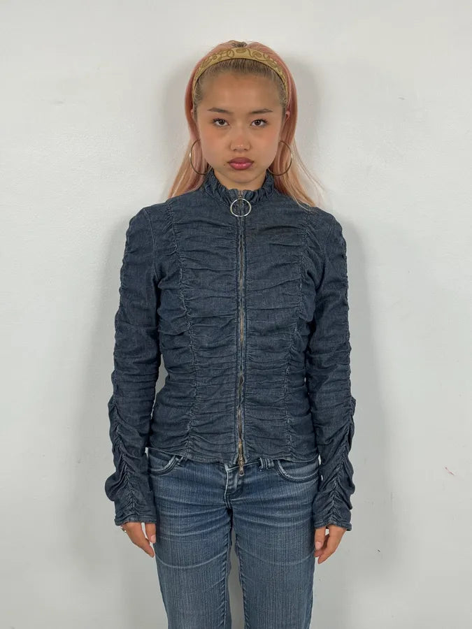 Moschino Navy Gathered Denim Zip-Up Jacket SUCUMFi 1