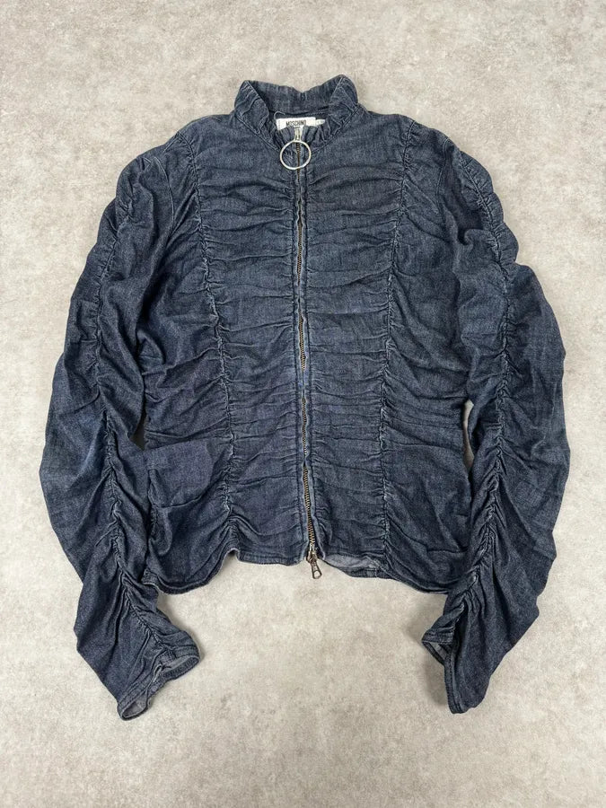 Moschino Navy Gathered Denim Zip-Up Jacket SUCUMFi 0