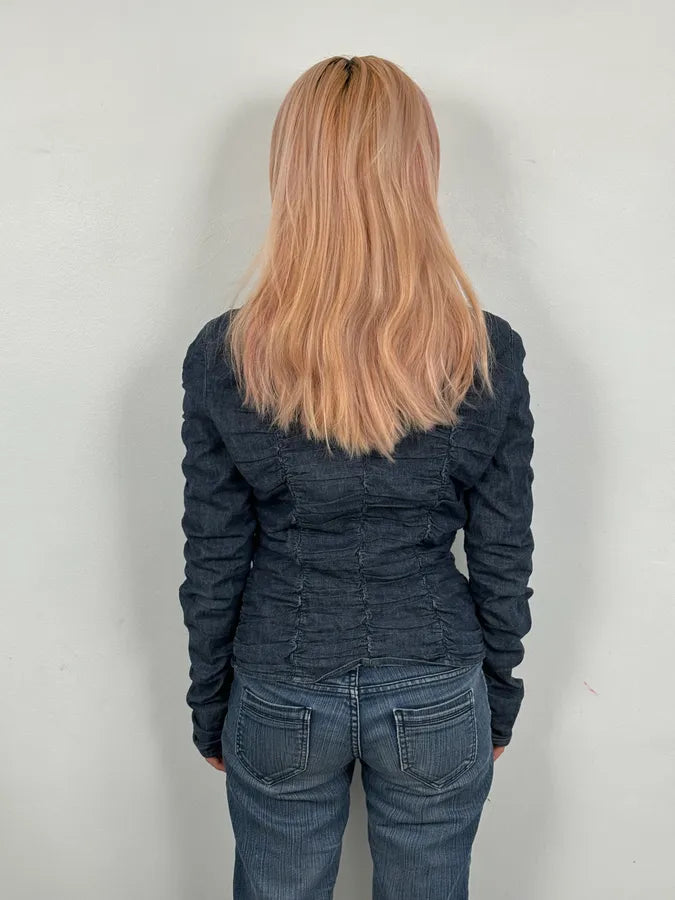 Moschino Navy Gathered Denim Zip-Up Jacket SUCUMFi 2