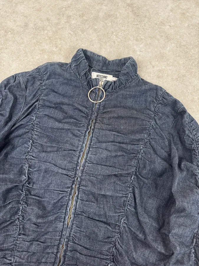 Moschino Navy Gathered Denim Zip-Up Jacket SUCUMFi 4