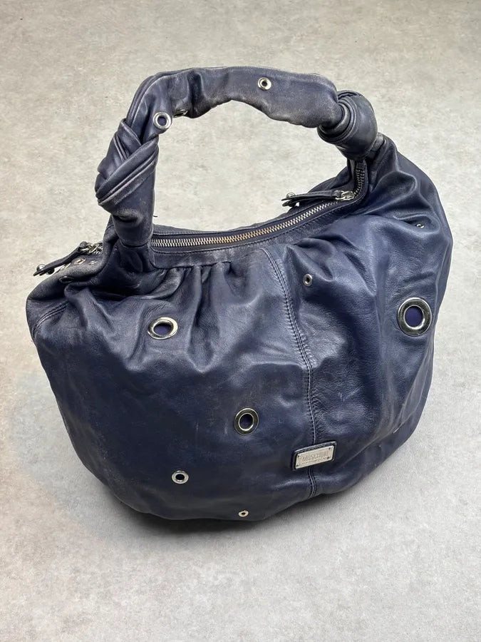 Moschino Navy Nappa Leather Eyelet Studded Shoulder Bag fYOJQyU 4