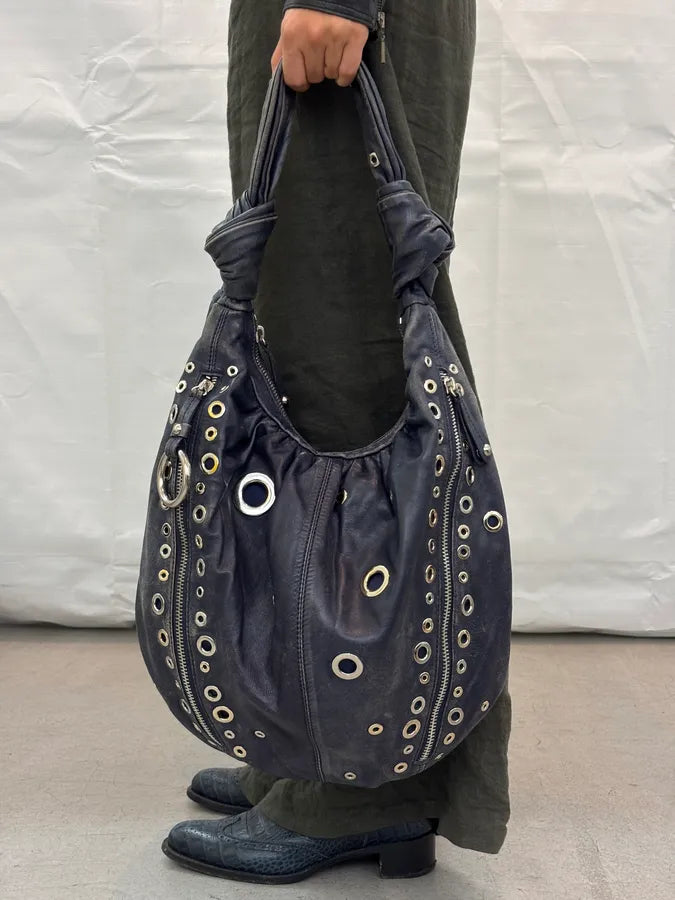 Moschino Navy Nappa Leather Eyelet Studded Shoulder Bag fYOJQyU 3